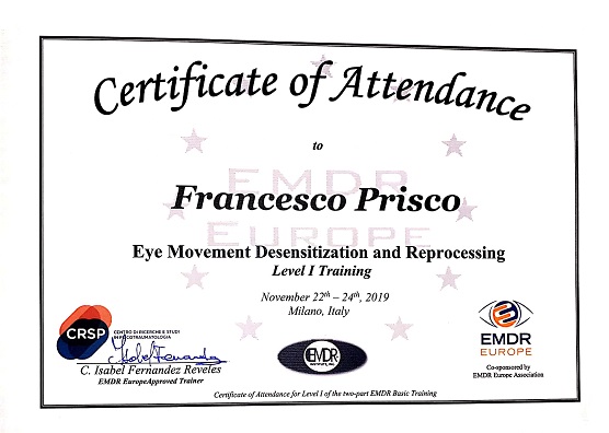 Certificato per il trattamento psicoterapeuto EMDR conferito al Dott. Francesco Prisco, psicoterapeuta di Catania - Caltanissetta - Modica di Ragusa